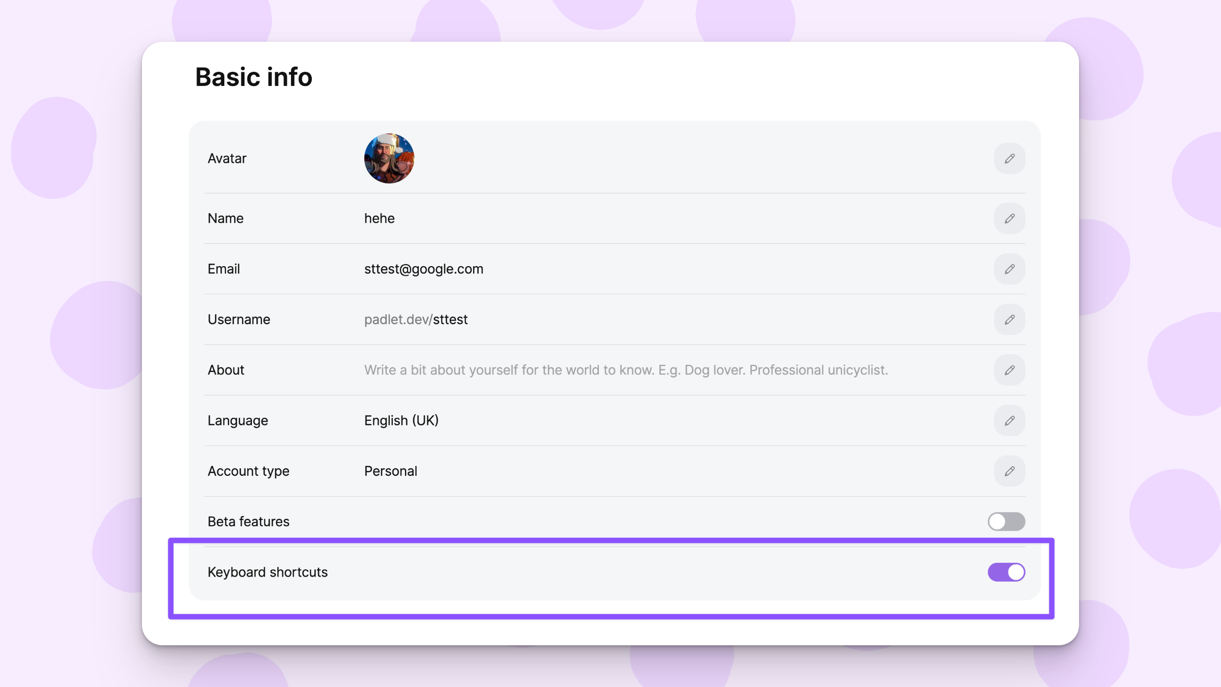 A screenshot of the keyboard shortcuts toggle in user settings